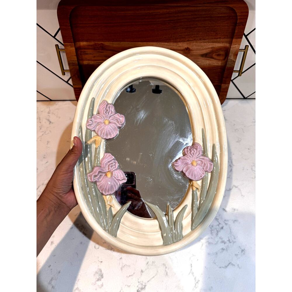 Rare ceramic wall mirror glossy cream finish 3D pink iris flowers green leaves